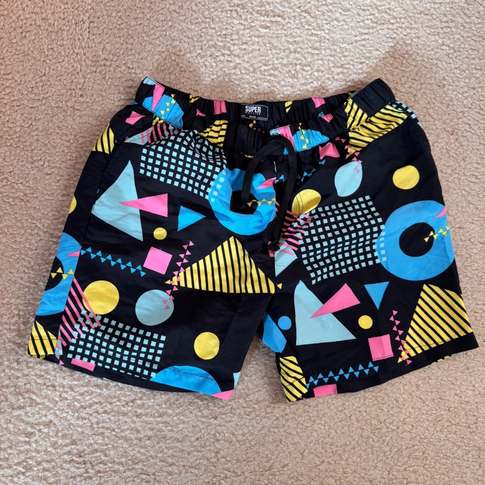 Super Massive Retro 90s Geometric Print Swim Trunks Neon‎ Pattern Sz M